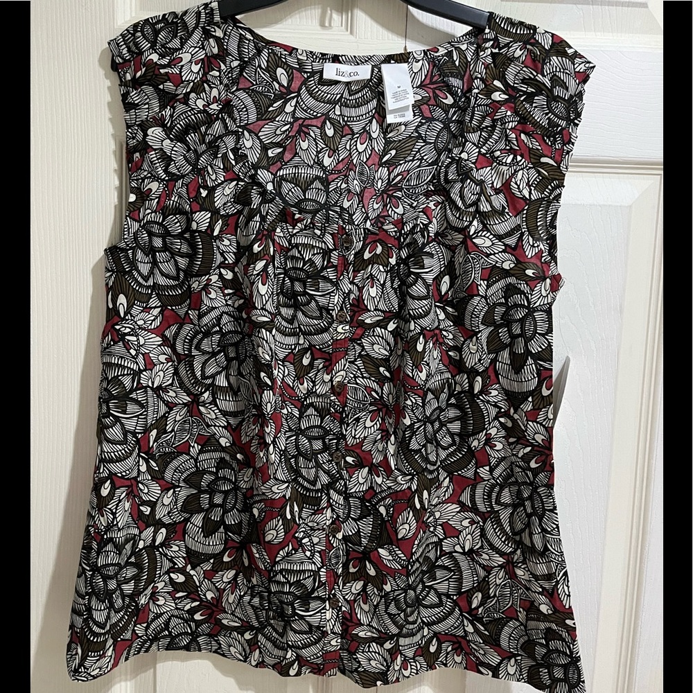 Liz&Co. Sleeveless Pleated Burgundy/Beige/Brown/Black Top in Size Medium
